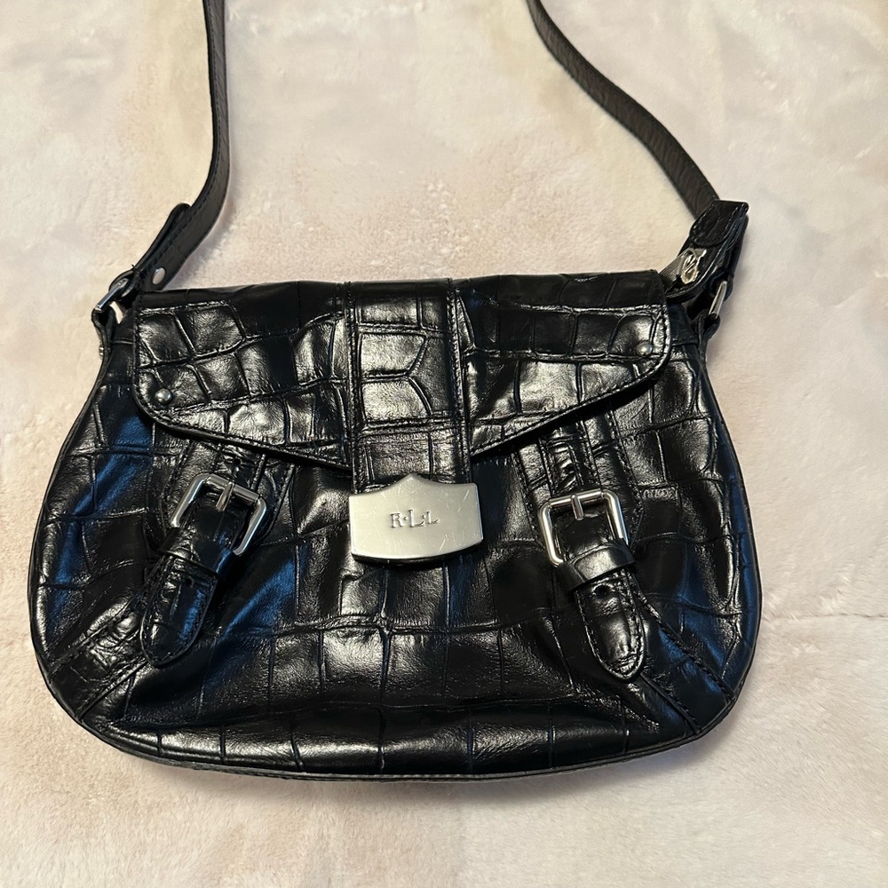 Black Crocodile Texture Crossbody Bag with Silver Accents